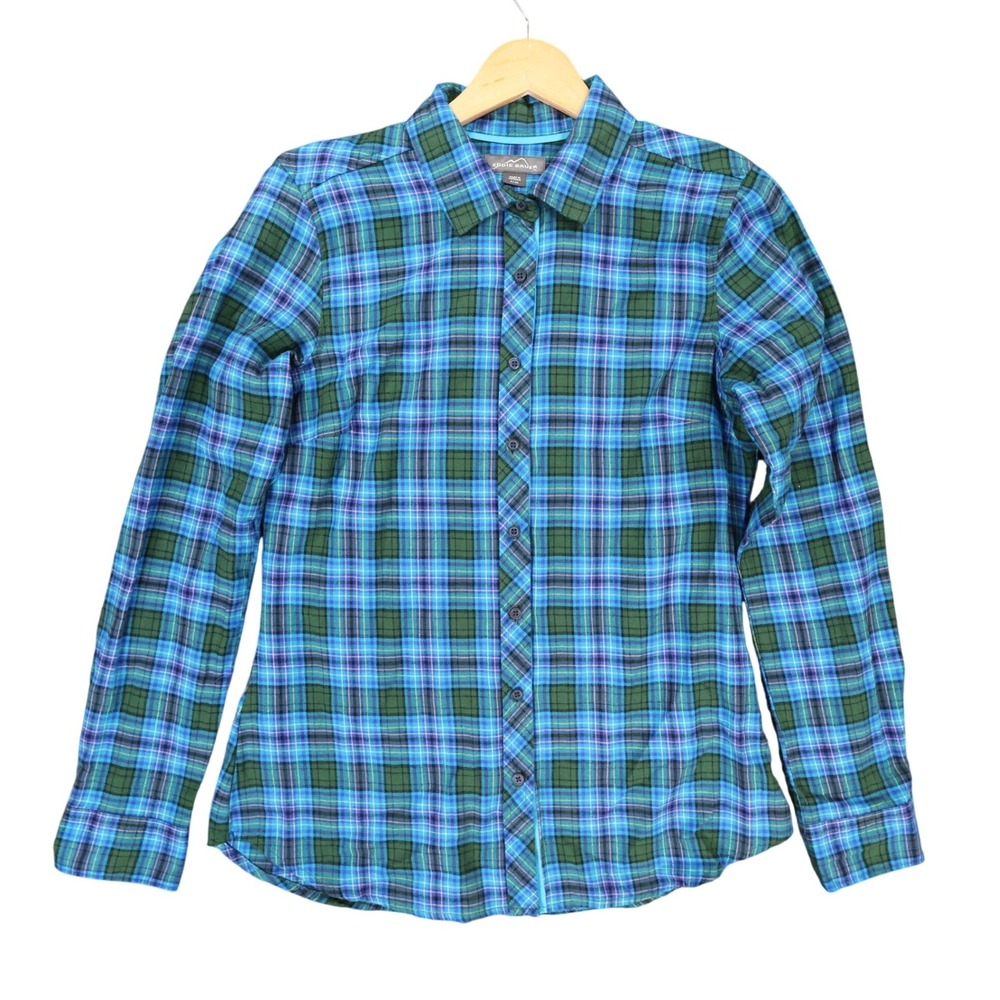 Eddie Bauer Button Front Shirt Womens Small Blue Excellent Plaid Cotton Flannel